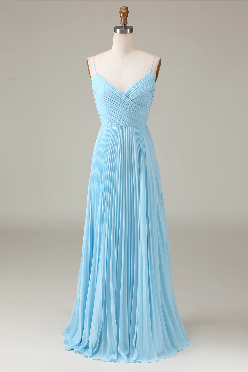 V neck Chiffon Long Dresses with Straps Sky Blue main image 1