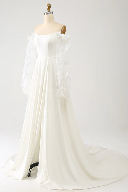 Ivory A Line Long Chiffon Wedding Dress With 3D Butterflies Long Sleeves