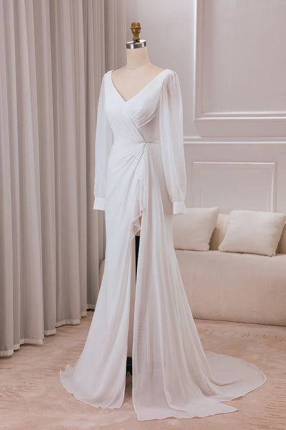 Ivory V-neck Long Sleeves A-line Chiffon Bridal Dress