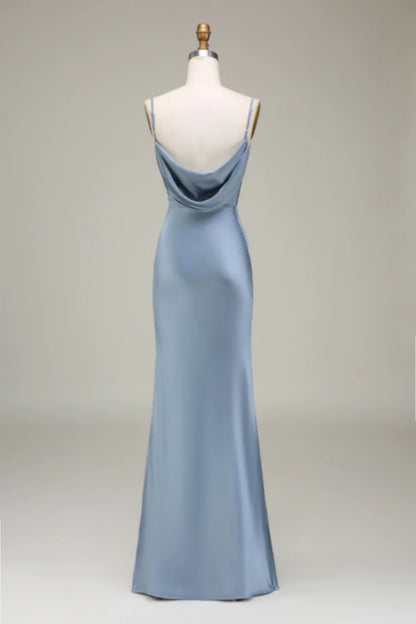 Dusty Blue Sheath Spaghetti Straps Satin Long Bridesmaid Dress