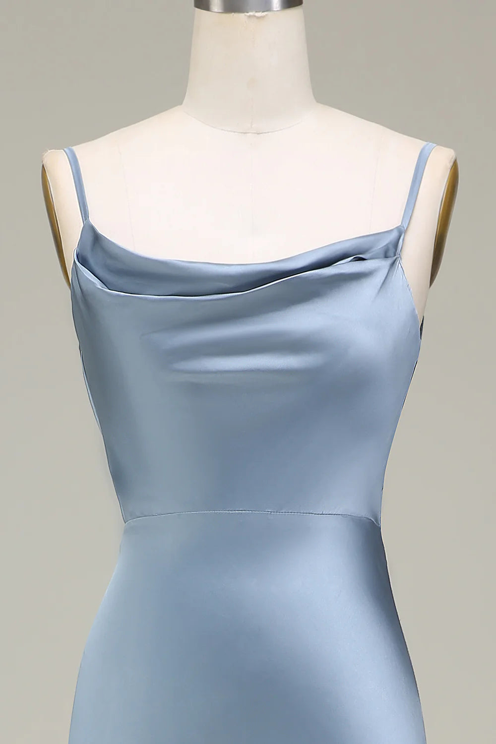 Dusty Blue Sheath Spaghetti Straps Satin Long Bridesmaid Dress