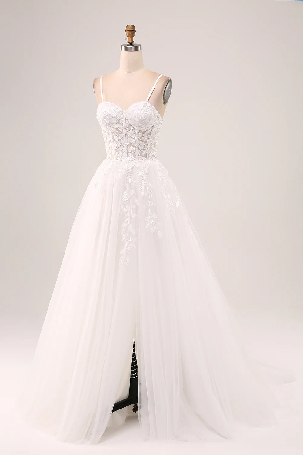 Ivory A-Line Spaghetti Straps Corset Lace Tulle Long Wedding Dress