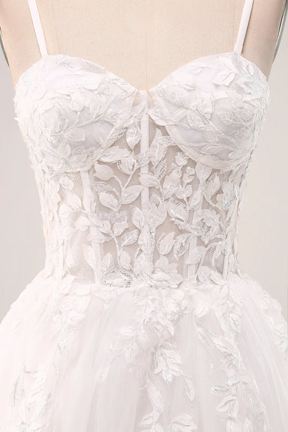 Ivory A-Line Spaghetti Straps Corset Lace Tulle Long Wedding Dress