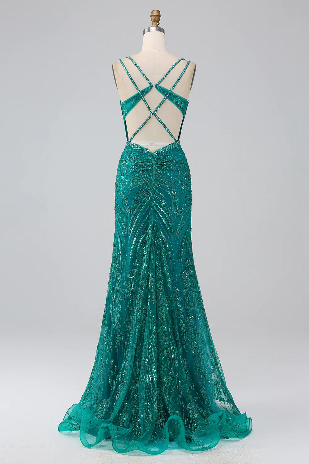 Dark Green Sparkly Mermaid Spaghetti Straps Corset Prom Dress With Slit