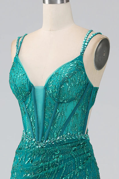 Dark Green Sparkly Mermaid Spaghetti Straps Corset Prom Dress With Slit