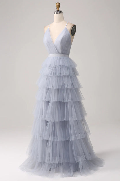 Grey Blue A Line Tiered Tulle Backless Long Prom Dress