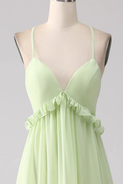 Ruffles A Line Green Bridesmaid Dress with Lace-up Back