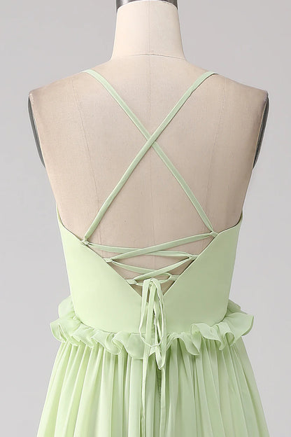 Ruffles A Line Green Bridesmaid Dress with Lace-up Back