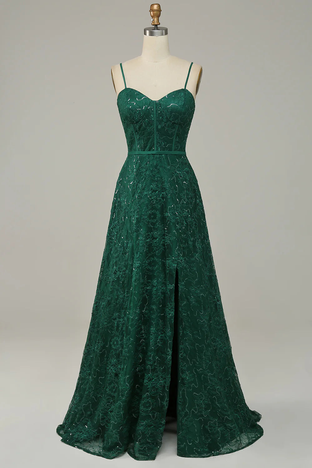 Dark Green Lace Spaghetti Straps Corset Prom Dress