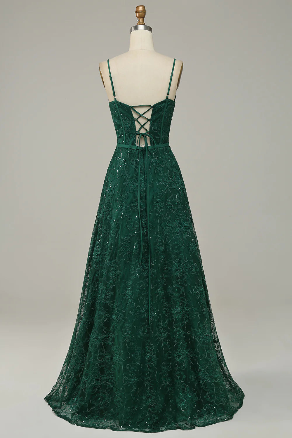 Dark Green Lace Spaghetti Straps Corset Prom Dress