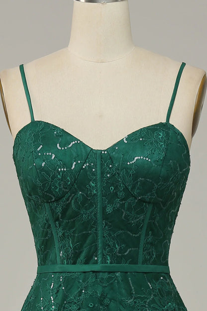 Dark Green Lace Spaghetti Straps Corset Prom Dress