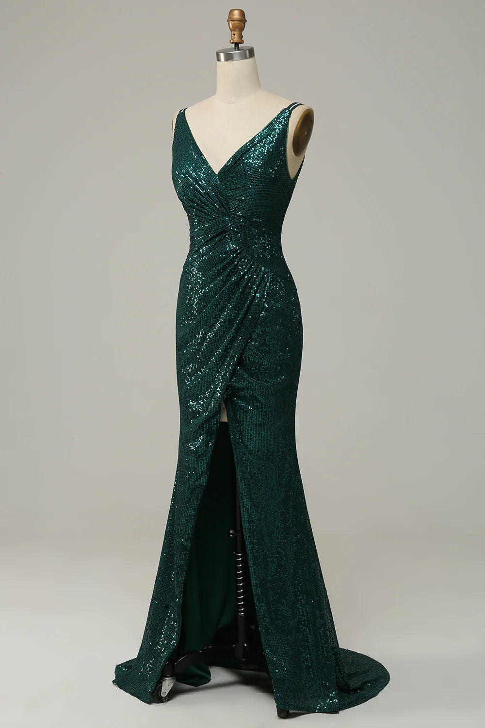 Dark Green Sequined Spaghetti Straps Prom Dress With Slit