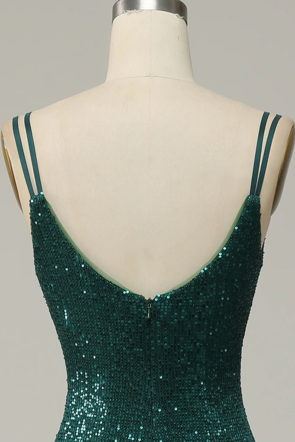 Dark Green Sequined Spaghetti Straps Prom Dress With Slit