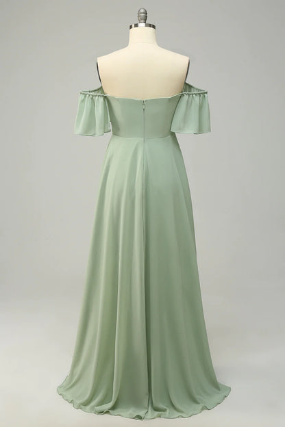 A Line Off the Shoulder Green Long Bridesmaid Dress with Ruffles