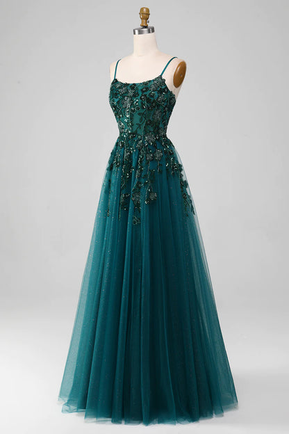 Cicinia Dark Green Spaghetti Straps Prom Dresses Long Stretch Fabric Sheath Beaded Slit Dress