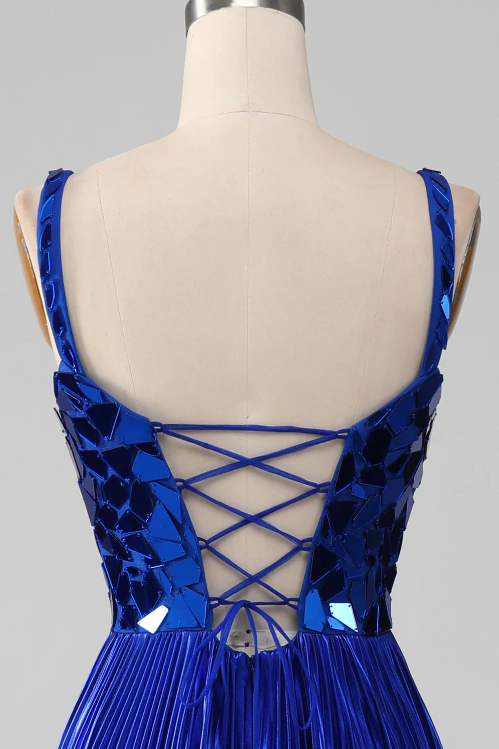 Glitter Royal Blue Formal Lace Open Back Prom Dress