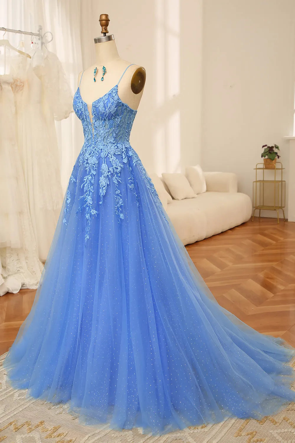Niulatu Tulle Long A-Line Prom Dress, Pink Spaghetti Formal Dress with Beaded HZ1103 main image 0