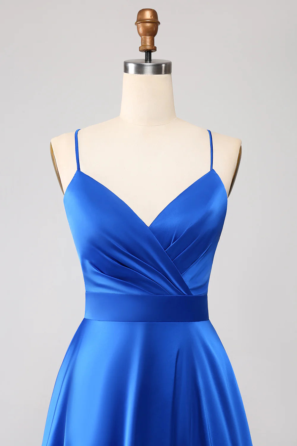 Royal Blue A Line Spaghetti Straps Satin Prom Dress with Slit