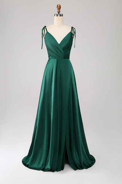 Simple Dark Green Spaghetti Straps Ruched Prom Dress with Slit