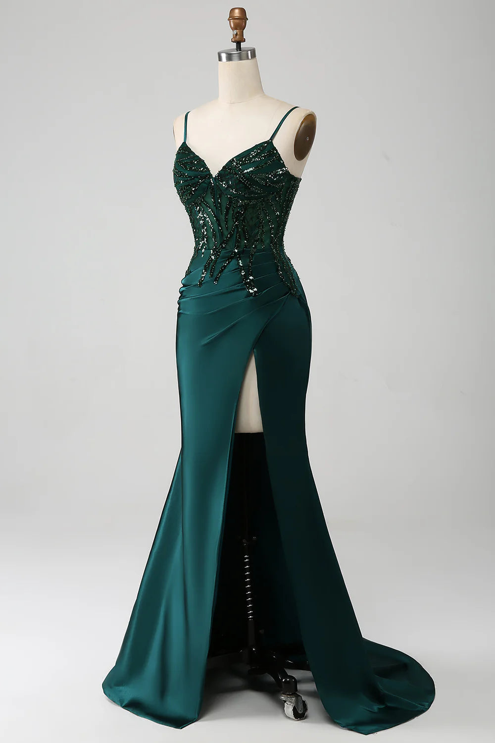 Sparkly Army Green Mermaid Corset Long Prom Dress with Slit