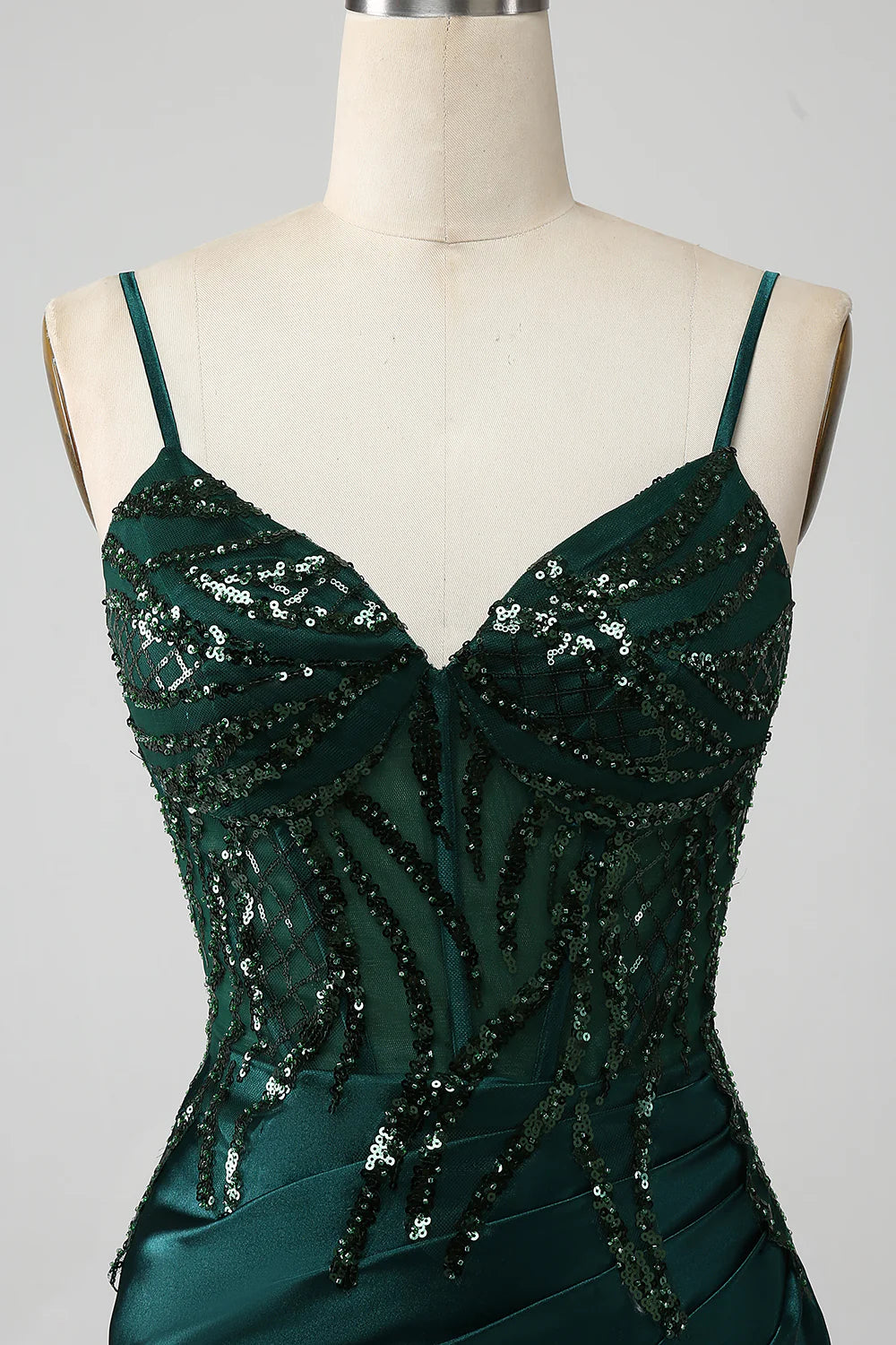 Dark Green Mermaid Strapless Corset Beaded Sequin Long Ball Dress with Slit