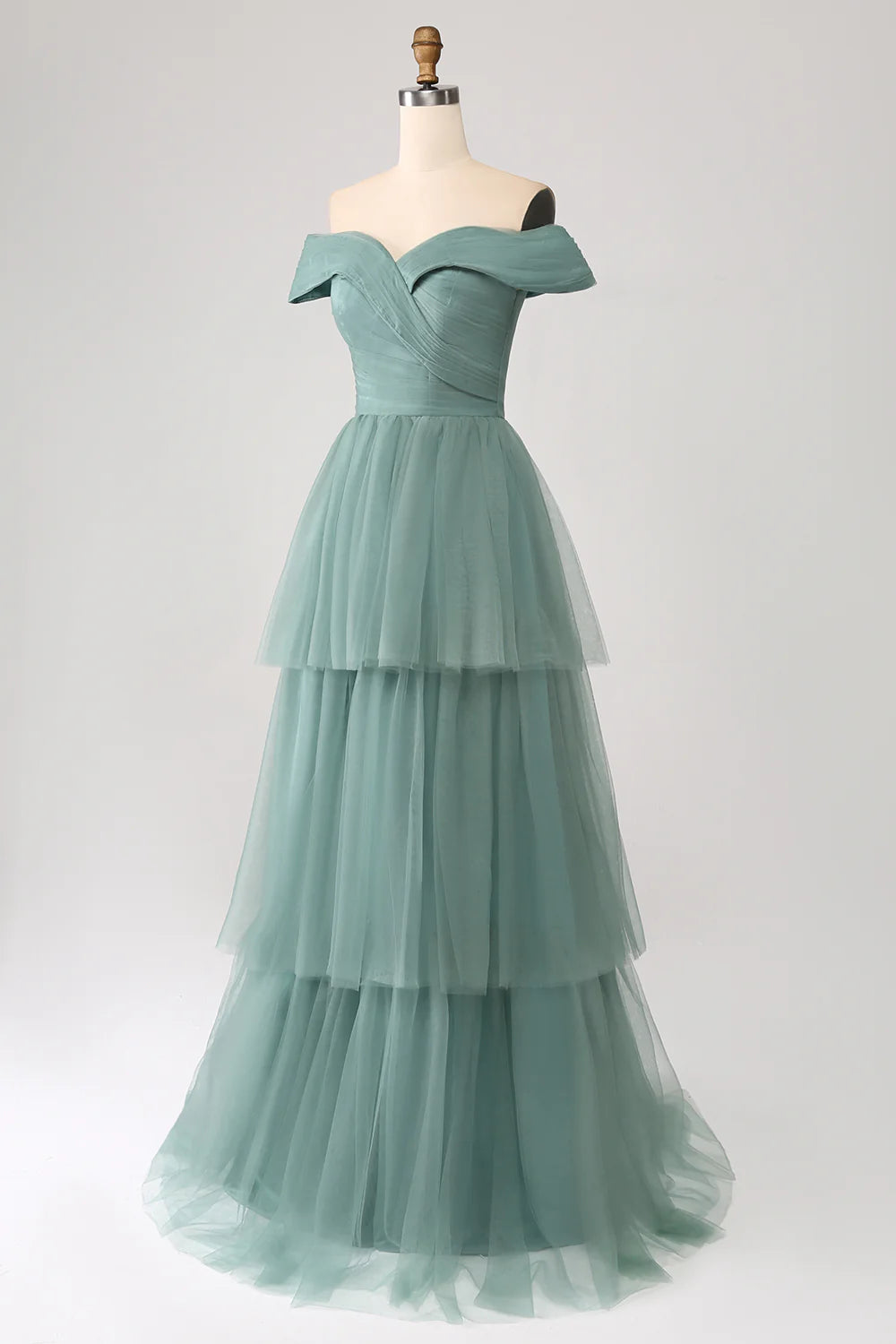 Grey Green A Line Off the Shoulder Tiered Tulle A Line Prom Dress