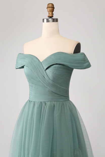 Grey Green A Line Off the Shoulder Tiered Tulle A Line Prom Dress