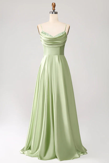 Dusty Sage A Line Cowl Neck Satin Long Prom Dress with Pleated