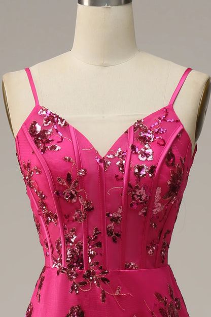 Hot Pink Sequins Print Mermaid Prom Dress