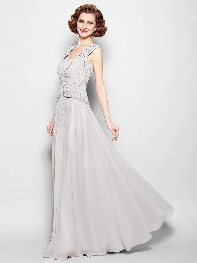 A-Line Mother of the Bride Dress Vintage Inspired Square Neck Floor Length Chiffon Sleeveless with Beading Draping