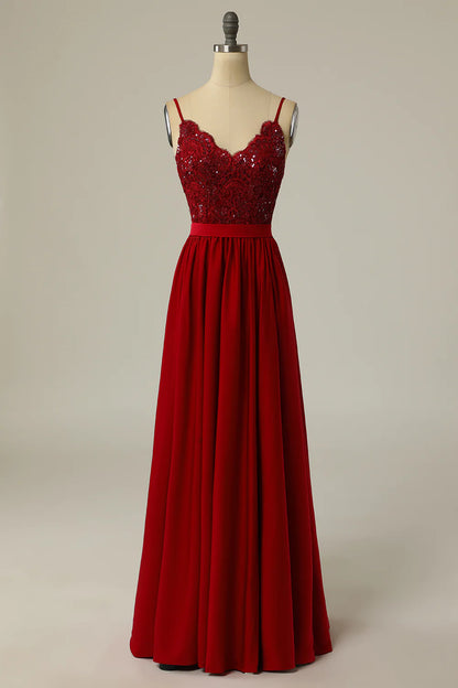 Burgundy Long Prom Dress with Beading Lace