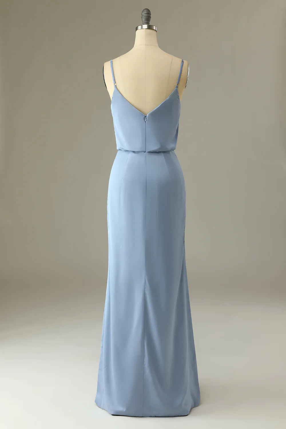 Spaghetti Straps Grey Blue Long Bridesmaid Dress