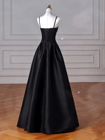 A-Line Sweetheart Neck Satin Black Long Prom Dress