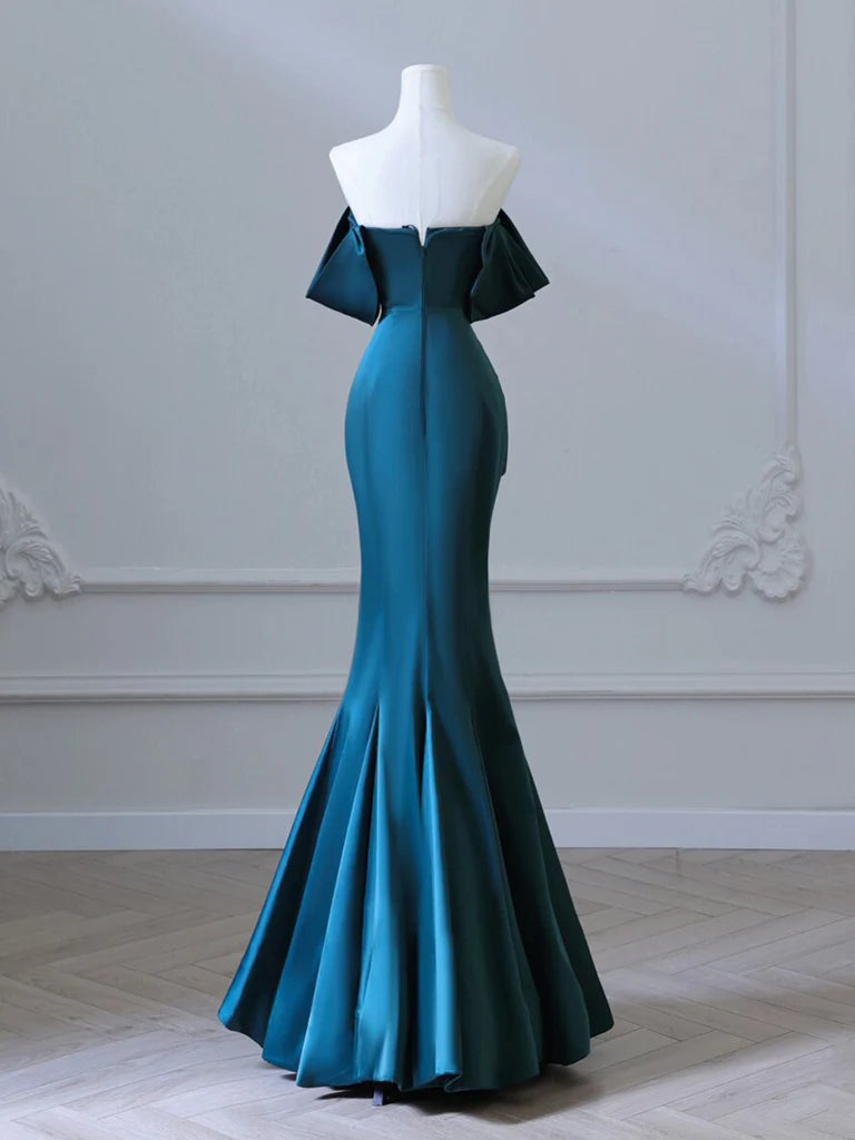 Off Shoulder Satin Ink Blue Long Prom Dress Ink Blue Long Formal Dress