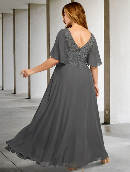 A-Line Mother of the Bride Dresses Plus Size Hide Belly Curve Elegant Dress Formal Floor Length Short Sleeve V Neck Chiffon with Pleats Appliques