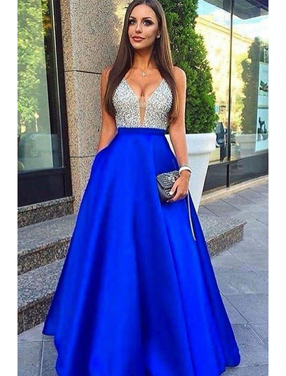 A-Line Prom Dresses Sparkle & Shine Dress Formal Floor Length Sleeveless V Neck Pocket Stretch Satin Backless V Back with Beading Pocket