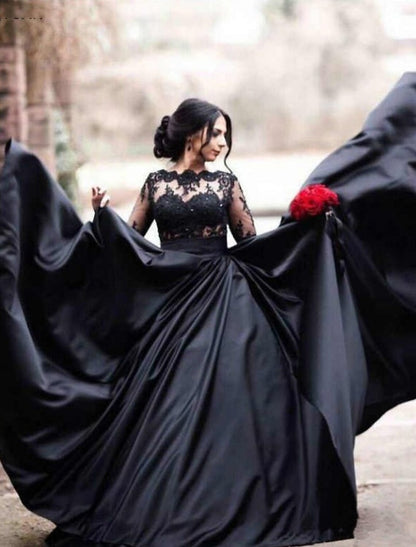 Engagement Gothic Black Wedding Dresses Formal A-Line Illusion Neck Long Sleeve Floor Length Satin Bridal Gowns With Draping Appliques 2023 Summer Fall Halloween Wedding Party