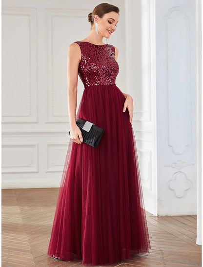 A-Line Party Dresses Sparkle & Shine Dress Wedding Guest Birthday Floor Length Sleeveless Jewel Neck Tulle with Sequin