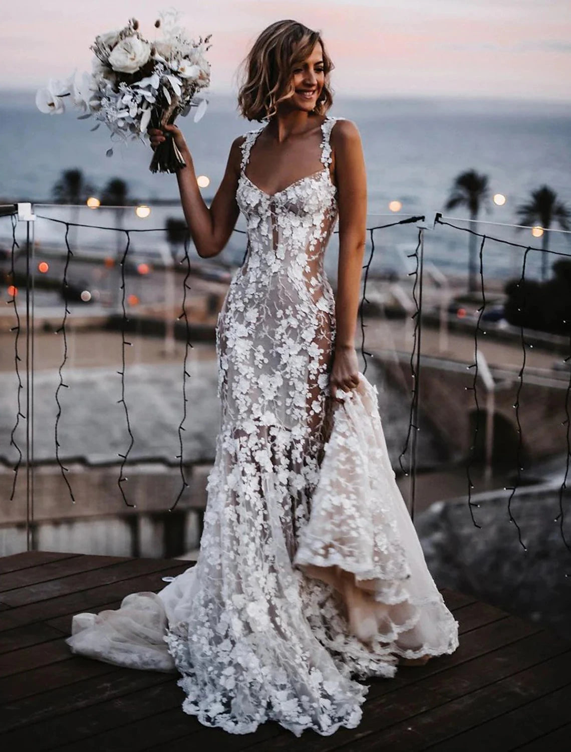 Beach Sexy Boho Wedding Dresses Mermaid / Trumpet Sweetheart Regular Straps Court Train Lace Bridal Gowns With Appliques Summer Fall Wedding Party