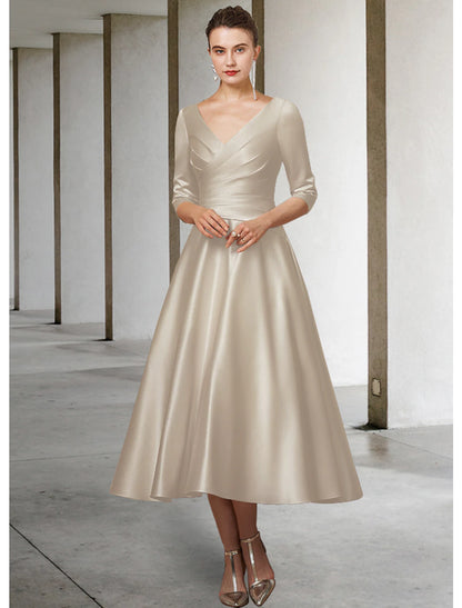 A-Line Mother of the Bride Dress Elegant V Neck Tea Length Satin Half Sleeve with Pleats Ruching