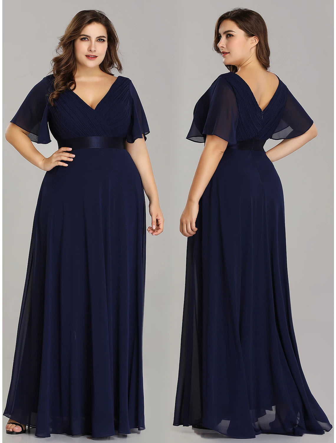 A-Line Empire Fall Wedding Guest Dress For Bridesmaid Plus Size Formal Evening Dress V Neck Short Sleeve Floor Length Chiffon with Pleats Ruched