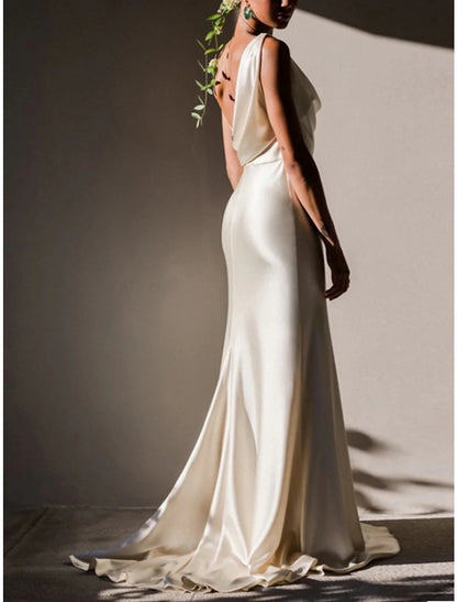 Casual Wedding Dresses Sheath / Column Camisole Sleeveless Sweep / Brush Train Charmeuse Bridal Gowns With Pleats Split Front