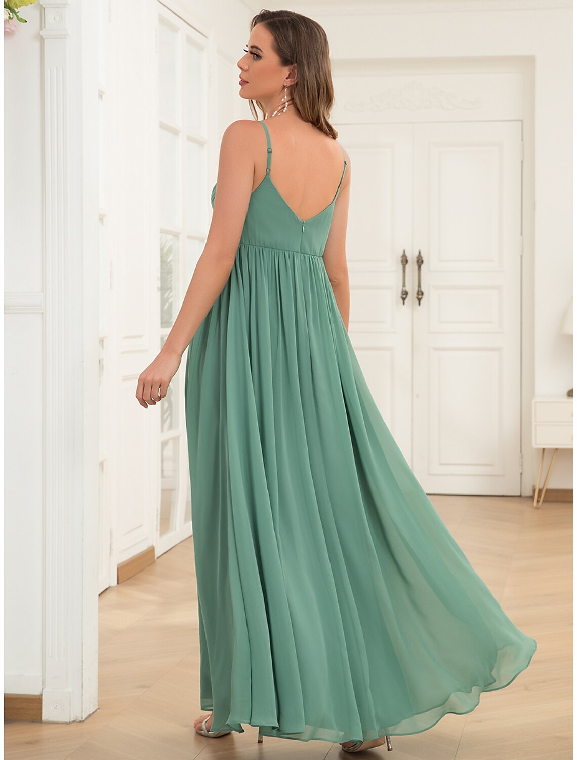 A-Line Evening Gown Maternity Dress Wedding Guest Floor Length Sleeveless V Neck Chiffon V Back with Draping