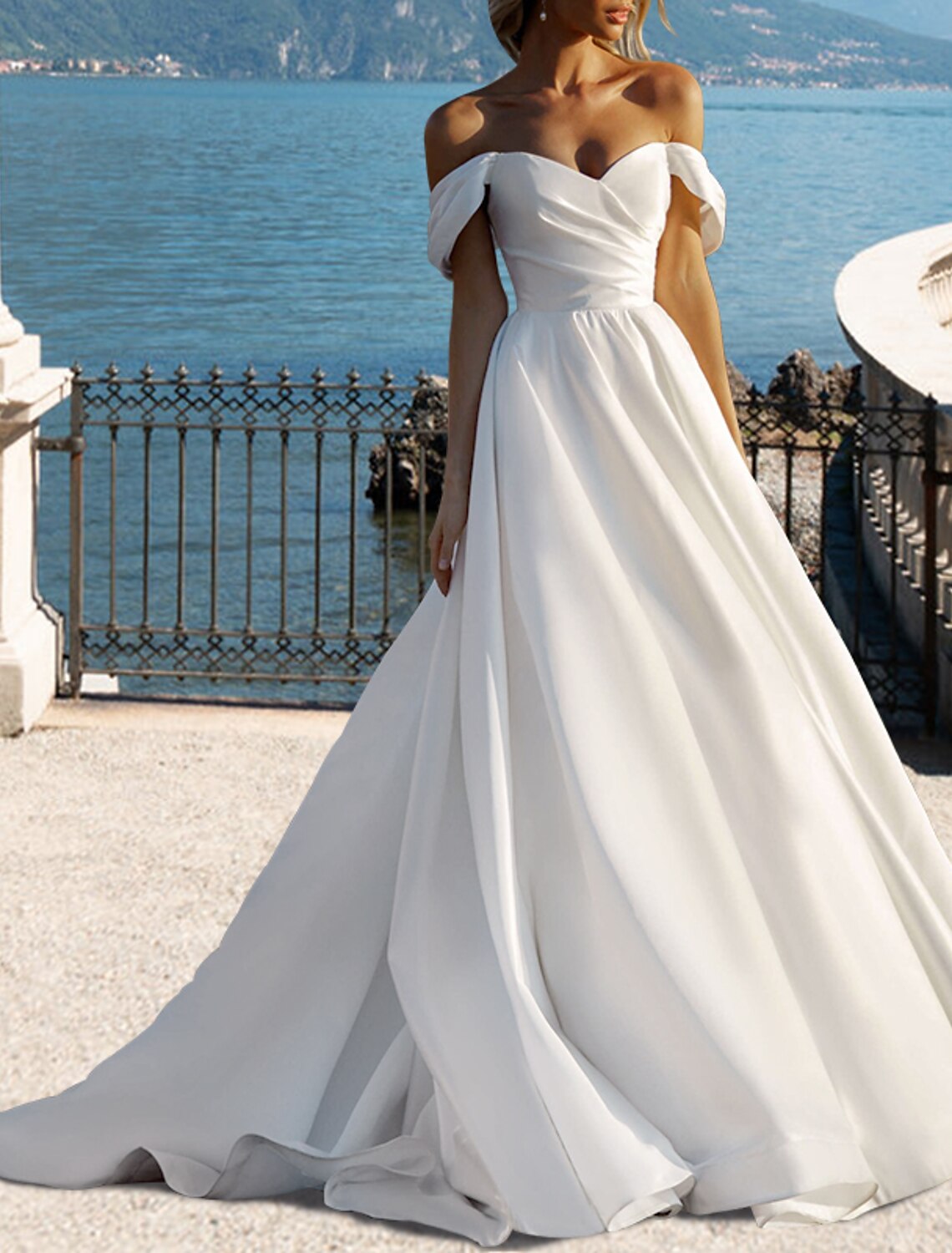 Beach Wedding Dresses A-Line Off Shoulder Cap Sleeve Court Train Chiffon Bridal Gowns With Pleats