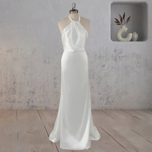 Sheath Satin Backless Halter Wedding Dress