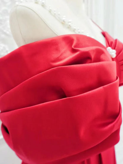 A-Line Off Shoulder Satin Red Long Prom Dress