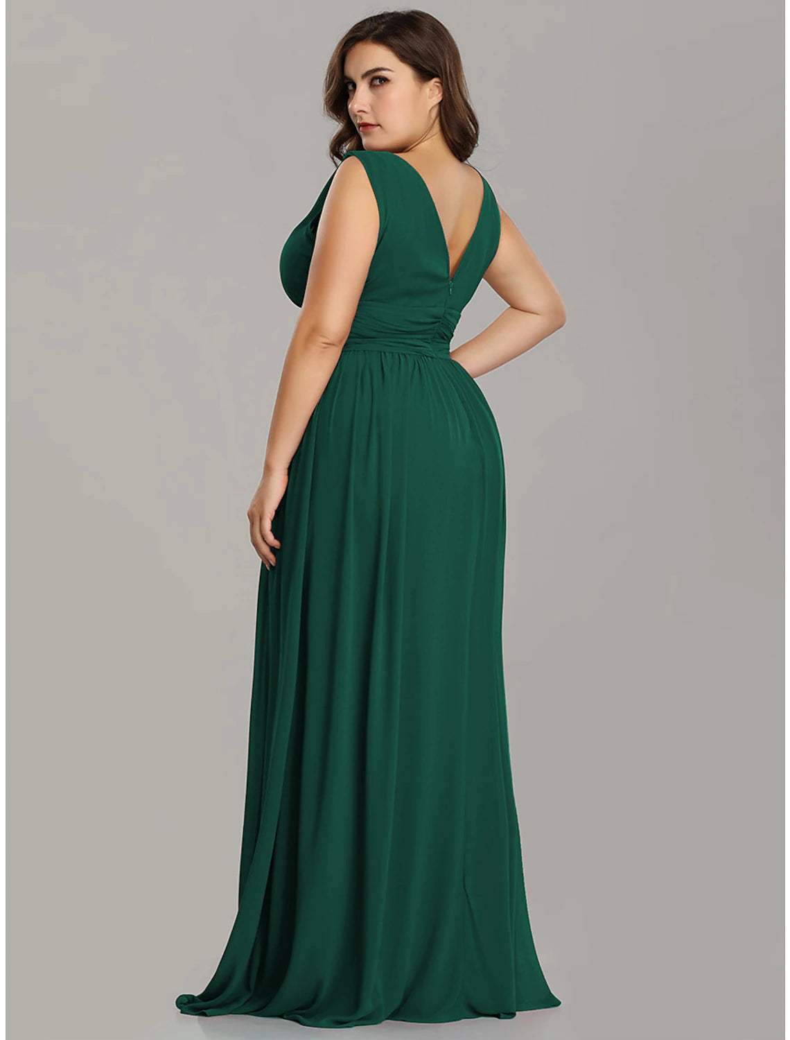 A-Line Plus Size Wedding Guest Formal Evening Dress V Neck V Back Sleeveless Floor Length Chiffon with Pleats