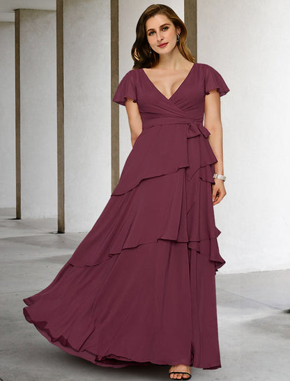 A-Line Plus Size Curve Mother of the Bride Dresses Vintage Dress Formal Floor Length Short Sleeve V Neck Chiffon with Ruffles Strappy Fall