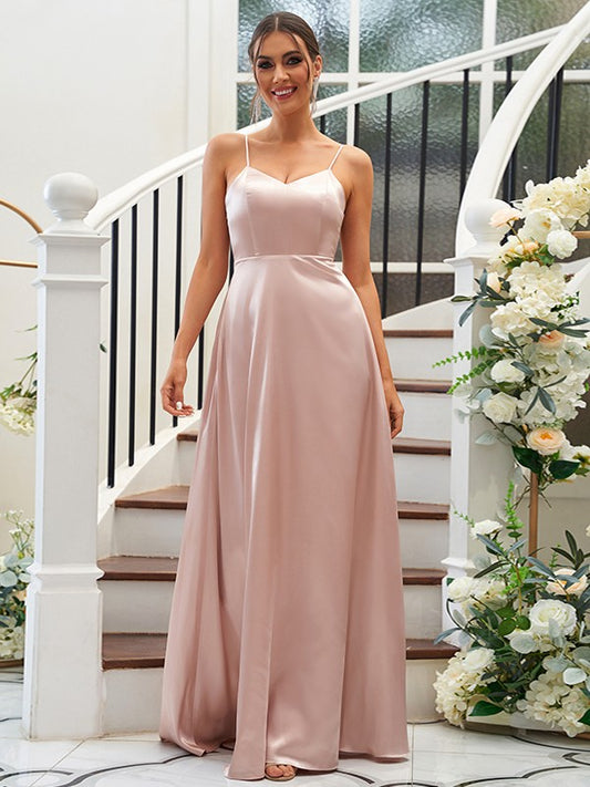 A-Line/Princess Silk like Satin Ruffles V-neck Sleeveless Floor-Length Bridesmaid Dresses