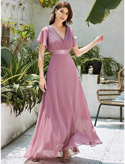 A-Line Evening Gown Empire Dress Wedding Guest Floor Length Short Sleeve V Neck Chiffon V Back with Ruffles Pure Color